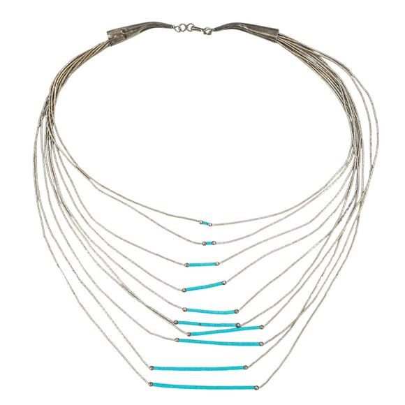 Vintage Santo Domingo Turquoise Sterling Silver Heishi Necklace 10-Strand - Picture 3 of 10